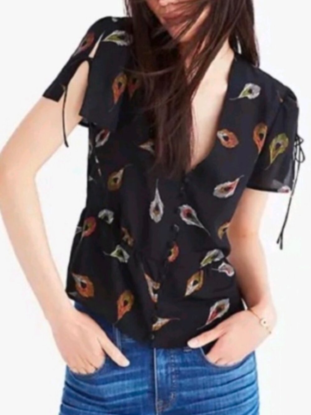 Madewell Short Sleeve Silk Belle Top/Blouse in Peacock Feathers Sz 2